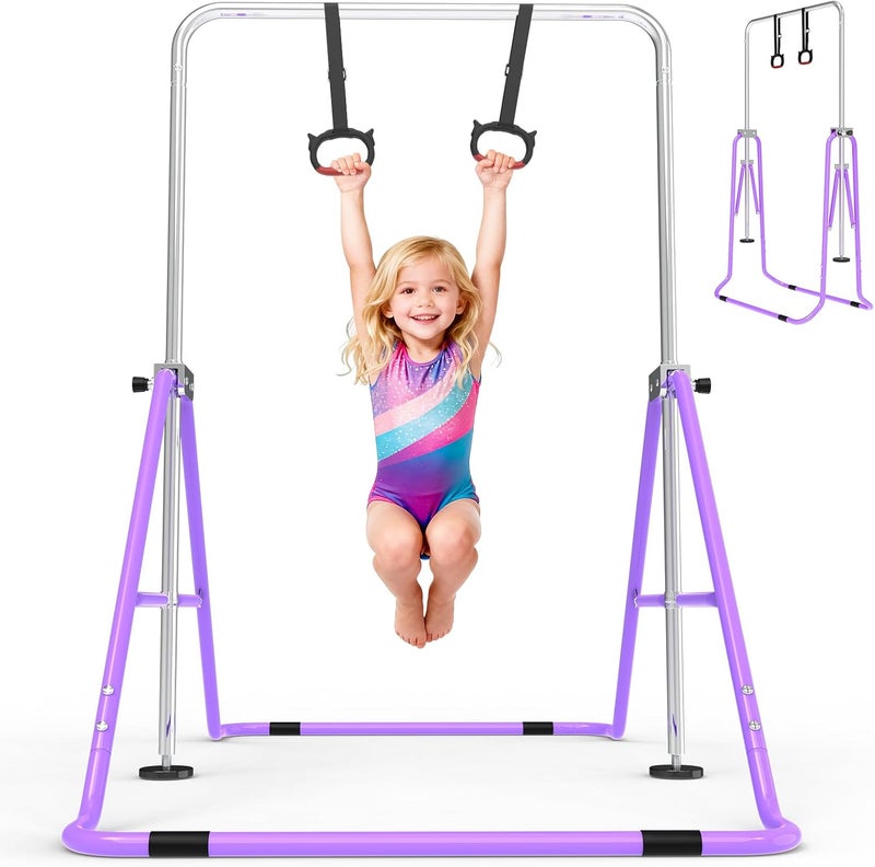 FINME Gymnastics Bar for Kids with Gymnastics Rings, Height Adjustable Gymnastics Horizontal Bar, Foldable Bar Gymnastics Equipment for Home Room Indoor Outdoor Gym Practics, Gymnastic Bar - Image 1